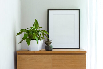 Mock up black frame with a houseplants on a shelf. White shelf against a white wall. Copy space