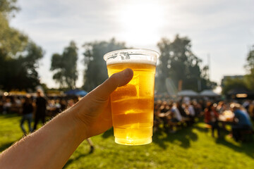 Disposable beer glass in man's hand at a summer music festival.