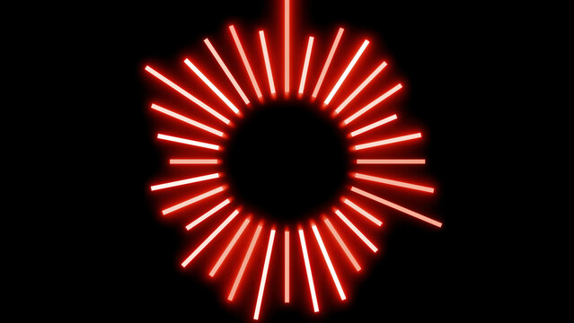 Black background.Design. Bright red lines in the abstraction that look like a sun sign shimmer and change size.