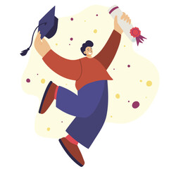 smiling young man graduate jumping for joy with a diploma and a mortarboard hat in his hands