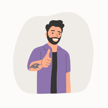 Young happy man with thumbs up. Positive gesture, approval gesturing. Vector flat style cartoon  illustration.