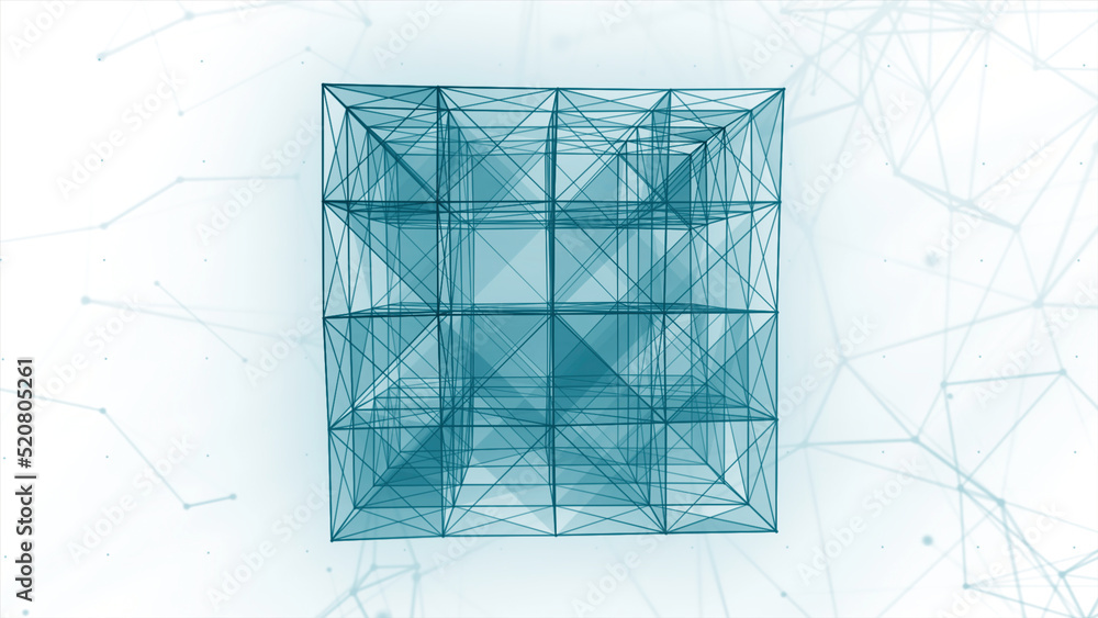 Poster white background. motion. a blue square made of a thin web in animation that slowly spins.