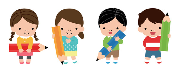 大きい鉛筆を持った子供のイラスト