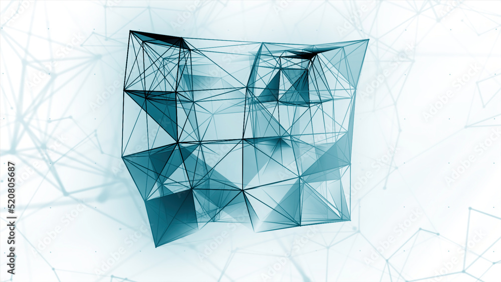 Poster white background. motion. a blue square made of a thin web in animation that slowly spins.