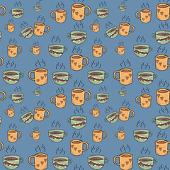 Beautiful Seamless pattern with mellow apricot and laurel green color coffee cup or mug on shadow blue color background. Little heart and coffee seeds design on cup or mug. textile design, wallpaper.