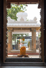 Carved Rock of a Hindu goddess temple with weapon Trishool