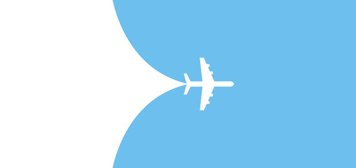 Airplane is flying and opening background behind itself. Template for banner, poster and card in air travel, vacations and airline advertising. Vector. © Roman