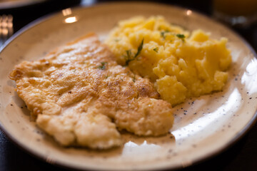 Tasty chicken fillet grilled in plate closeup