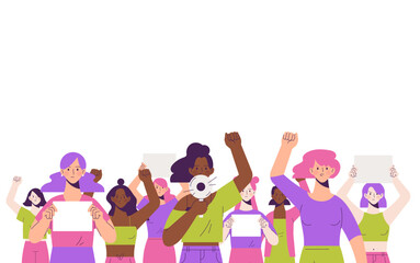 Protest for women's rights concept. Group of girls stand with fists up. Raising voice with megaphone and banner
