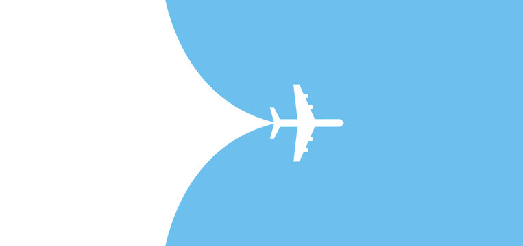 Airplane is flying and opening background behind itself. Template for banner, poster and card in air travel, vacations and airline advertising. Vector.