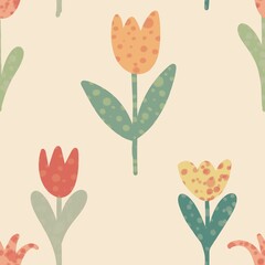 Seamless pattern with flowers tulip tulips leaves green and red orange yellow