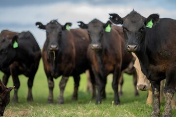dairy cows grazing in an agricultural field. sustainable agriculture practiced with regenerative and organic food production methods