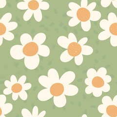 Seamless pattern with flowers chamomile daisy green yellow orange and white texture