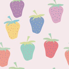 Seamless pattern with colorful strawberries fun handdrawn style
