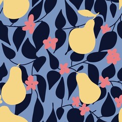 Seamless pattern with pears flovers and leaves handdrawn 