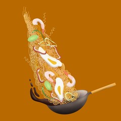 grilled shrimp prawn and vegetables wok noodles sauce 