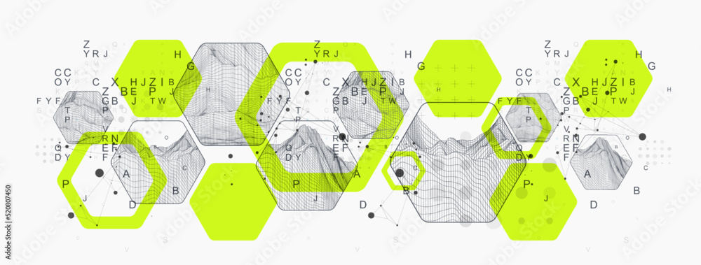Poster Modern science or technology abstract background using hexagonal shapes. Wireframe spot surface illustration. Vector.