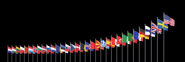 Flags of NATO - North Atlantic Treaty Organization, Sweden, Finland.  - 3D illustration.  Isolated on black background.