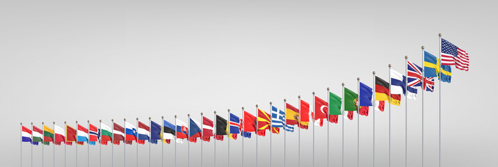 Flags of NATO - North Atlantic Treaty Organization, Sweden, Finland.  - 3D illustration.  Isolated on grey background