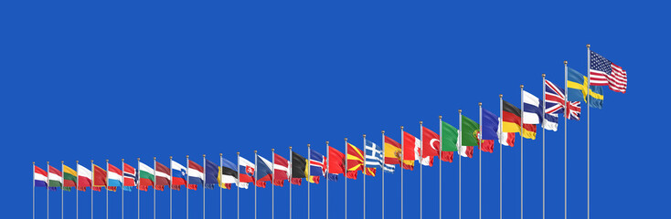 Flags of NATO - North Atlantic Treaty Organization, Sweden, Finland.  - 3D illustration.  Isolated on blue background. - obrazy, fototapety, plakaty