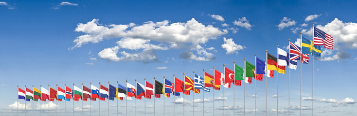 Flags of NATO - North Atlantic Treaty Organization, Sweden, Finland.  - 3D illustration.  Isolated on blue background. - obrazy, fototapety, plakaty