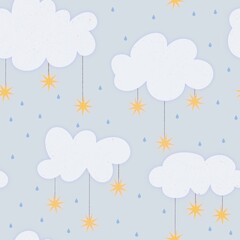 Seamless pattern with clouds, stars and rain handdrawn 