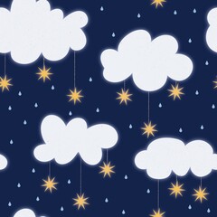 Seamless pattern with clouds, stars and rain at night handdrawn 
