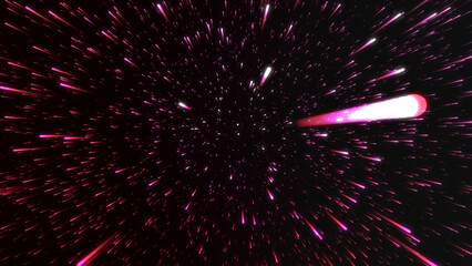 Animation of cosmic stream with lines. Motion. Centralized flow of luminous lines in outer space. Glowing lines move on black background