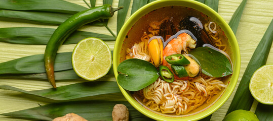 Bowl of spicy Thai soup on green wooden background
