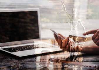 Male lawyer working with contract papers and wooden gavel in courtroom. justice and law ,attorney, court judge, concept.
