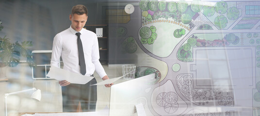 Double exposure of male landscape designer working in office and project plan
