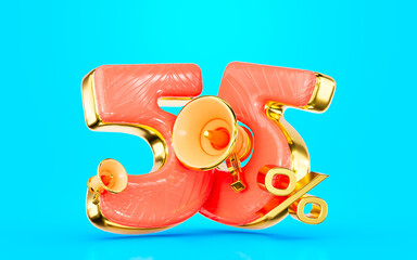 big announce 55 percent discount offer with mega phone golden border 3d render concept  for sell
