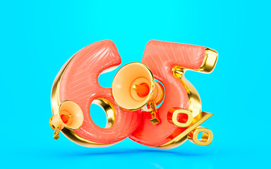 big announce 65 percent discount offer with mega phone golden border 3d render concept  for sell