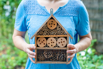 Woman holding beautiful wooden insect hotel