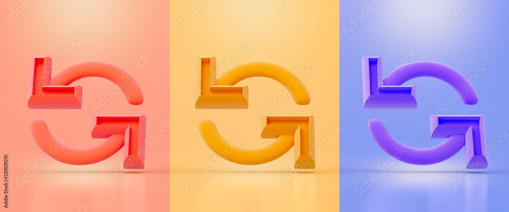 Aufkleber loop sign red yellow and purple color 3d render concept for update system rotation arrow