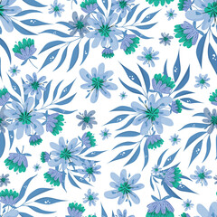 Fototapeta na wymiar Seamless pattern with vector cold blue flowers and tropical leaves. Cartoon forest design in blue, mint, white, and cobalt leaf. Flat design