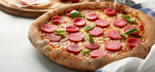 Delicious pizza on light table, closeup