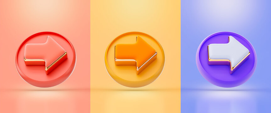 right arrow sign with badge red yellow and purple color 3d render concept for direction indicator