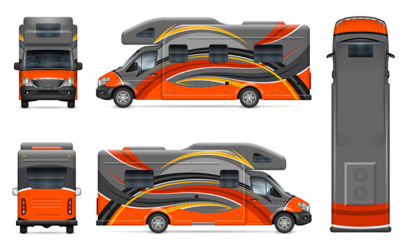 RV motorhome vector mockup on white for vehicle branding, corporate identity. View from side, front, back and top. All elements in the groups on separate layers for easy editing and recolor.