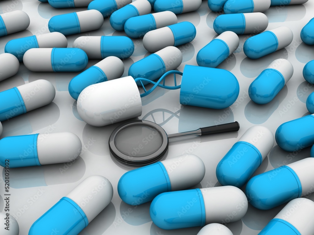 Poster 3d render of dna structure in capsule search concept
