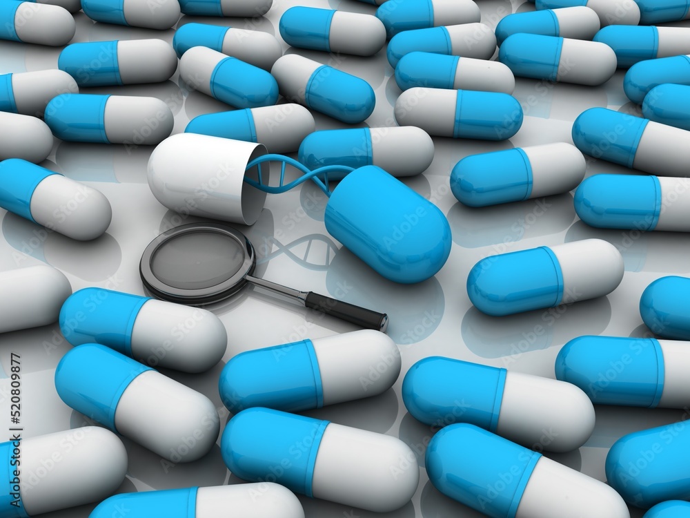 Poster 3d render of dna structure in capsule search concept