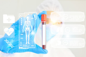 futuristic health icon with doctor in infection prevention suit show blood test bottle in laboratory