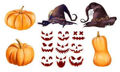 Halloween pumpkin. Watercolor painting. Handmade art. Watercolor illustration of Halloween season scary faces from a pumpkins. isolated on white background