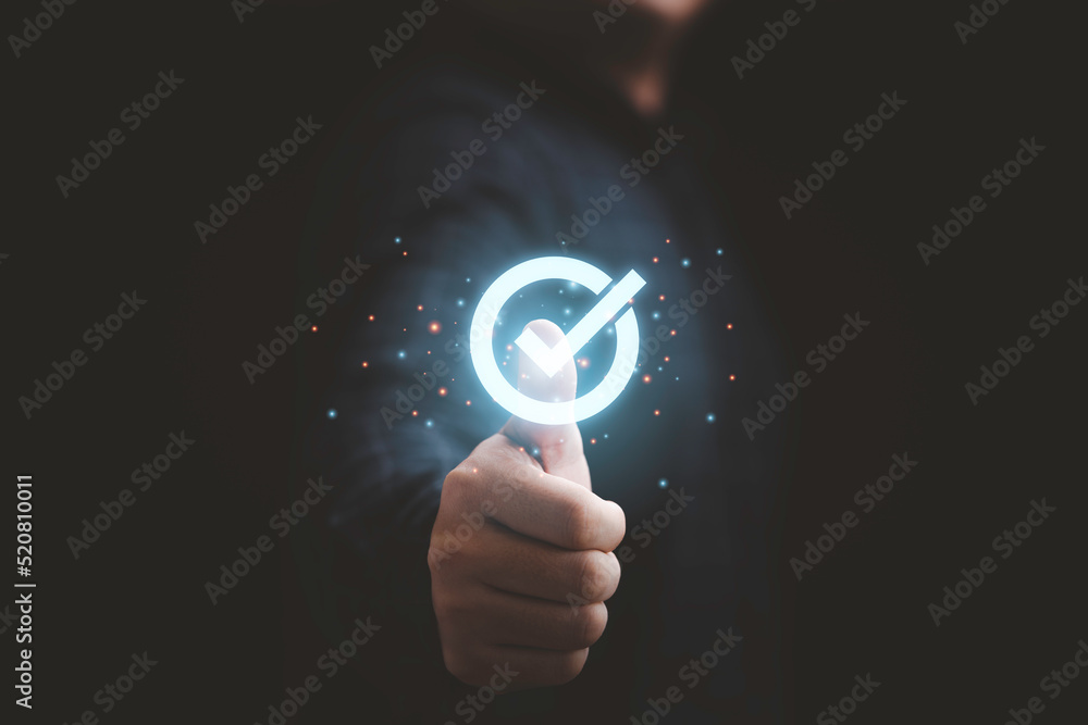 Poster businessman hand thumb up with virtual correct sign or tick mark for approve quality assurance and g