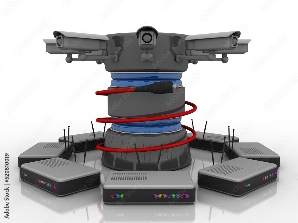 Poster 3d rendering transmitter wifi with database under cctv camera