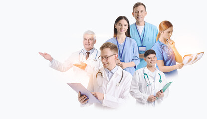 Collage with different doctors on white background
