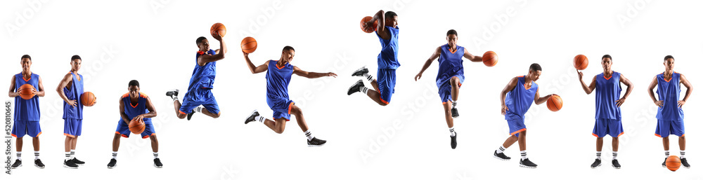 Wall mural set of young african-american basketball player on white background - Wall murals