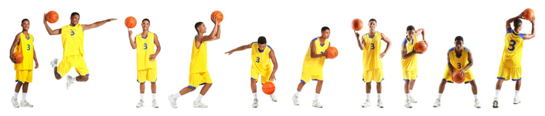 Set of young African-American basketball player on white background