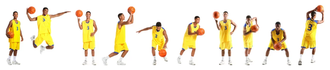 Fotobehang Set of young African-American basketball player on white background © Pixel-Shot