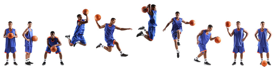 Fototapeta na wymiar Set of young African-American basketball player on white background